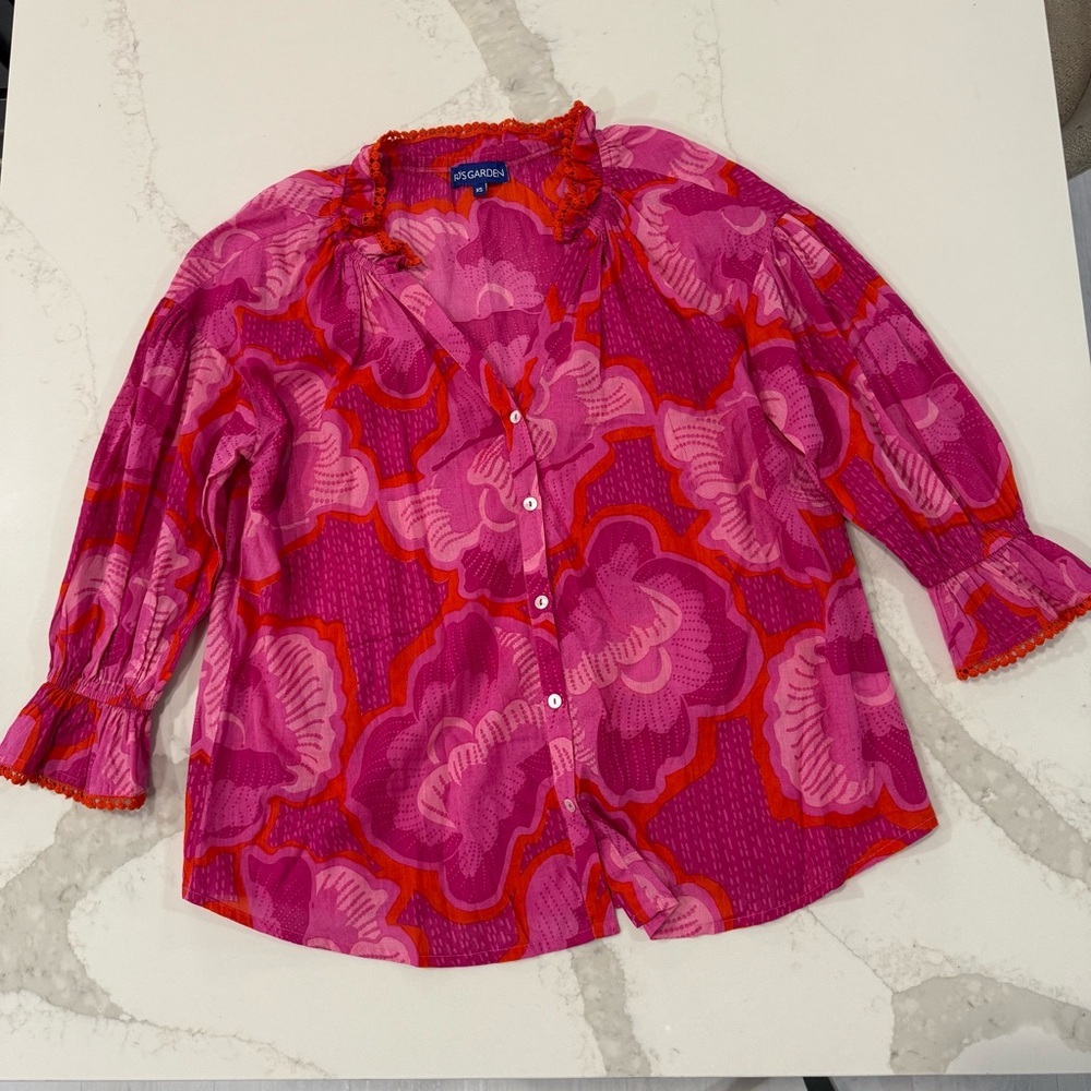 Ro’s Garden x Anthropologie Floral 3/4 Sleeve Button Front Blouse Womens XS Pink
